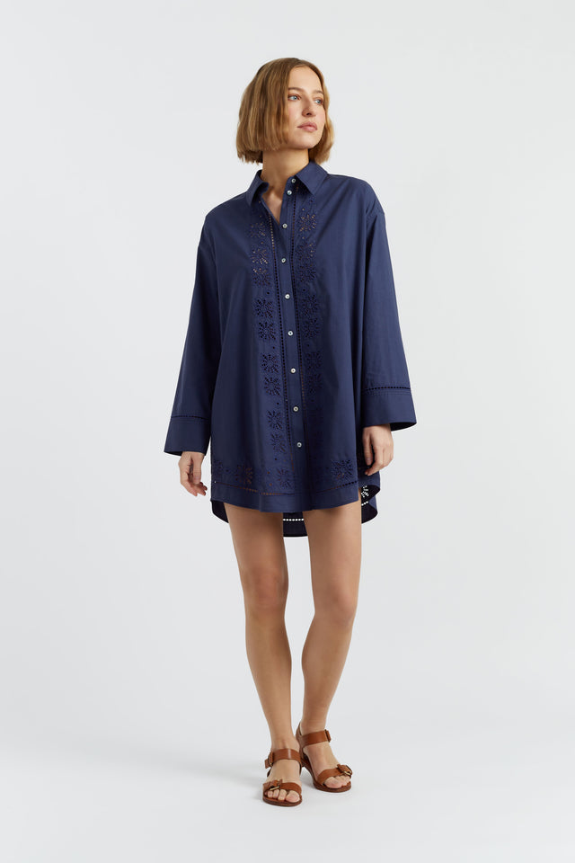 Navy Cotton-Lyocell Broderie Shirt Dress image 2