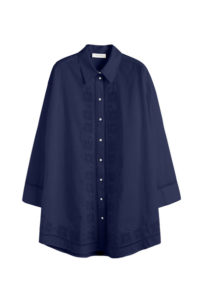 SAMPLE SALE - NO REFUNDS Navy Cotton-Lyocell Broderie Shirt Dress