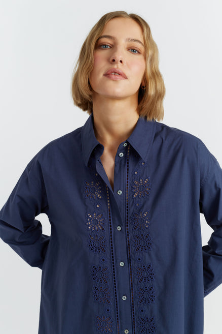 SAMPLE SALE - NO REFUNDS Navy Cotton-Lyocell Broderie Shirt Dress