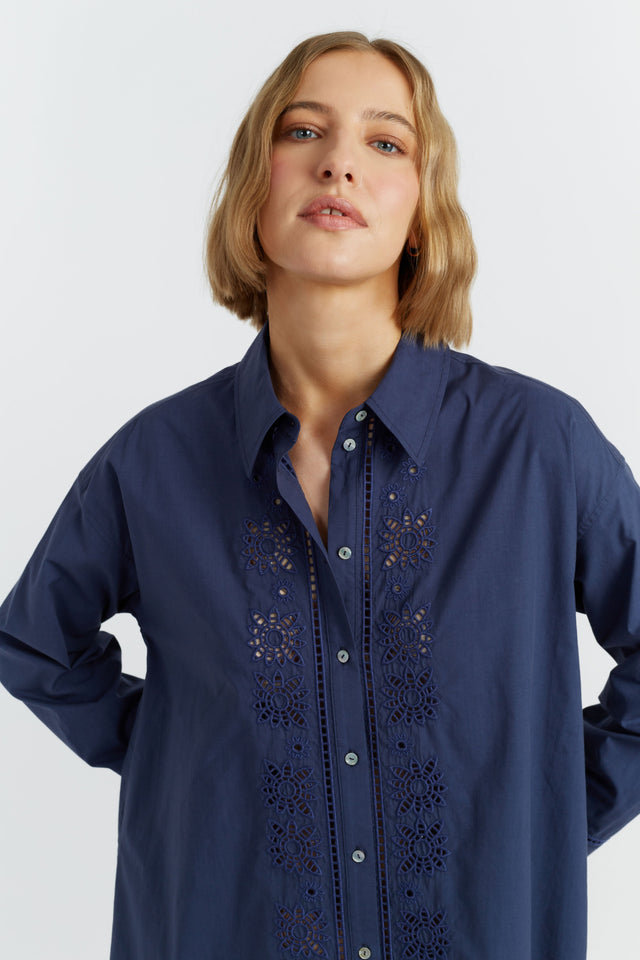 Navy Cotton-Lyocell Broderie Shirt Dress image 1