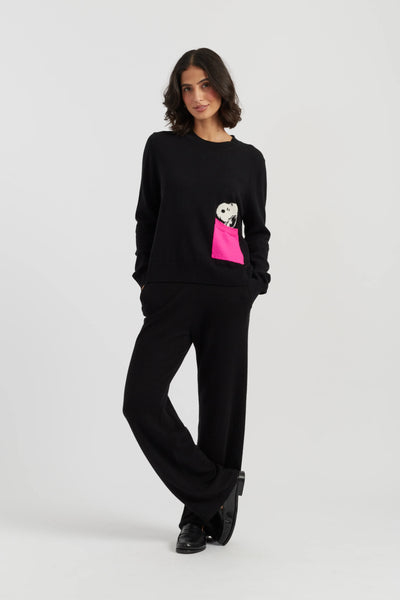 Black Wool-Cashmere Peek Pocket Snoopy Sweater