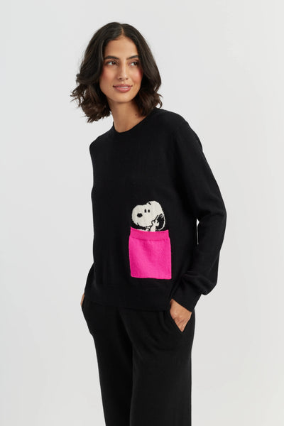 Black Wool-Cashmere Peek Pocket Snoopy Sweater