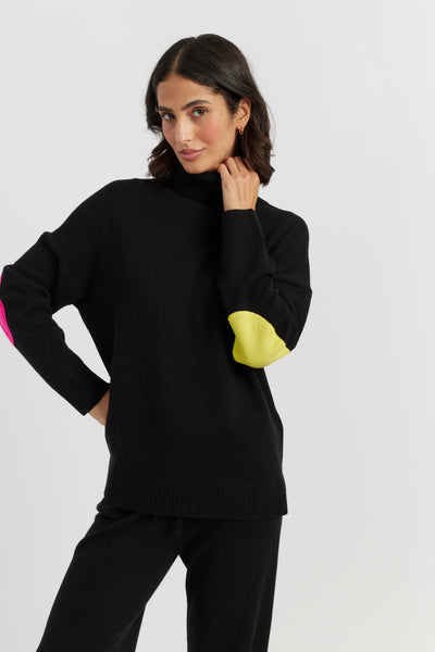 Black Wool-Cashmere Elbow Patch Rollneck Sweater