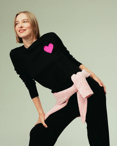 Black Wool-Cashmere Heart Breton Sweater