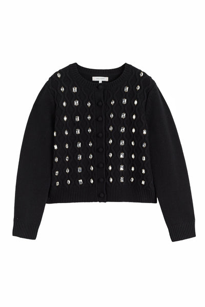 Black Pure Merino Jewelled Cable Cardigan