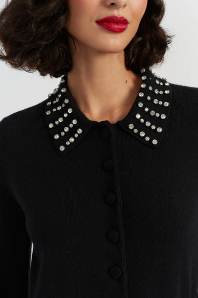 Black Wool-Cashmere Jewel-Neck Cardigan