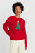 Person wearing a red sweater with a Christmas tree design on a plain background