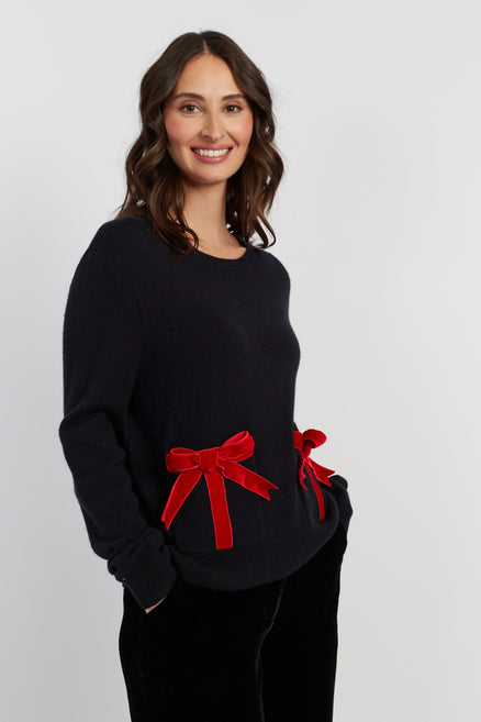 Black Wool-Cashmere Velvet Bow Sweater