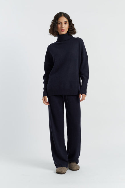 Navy Pure Cashmere Wide-Leg Pants