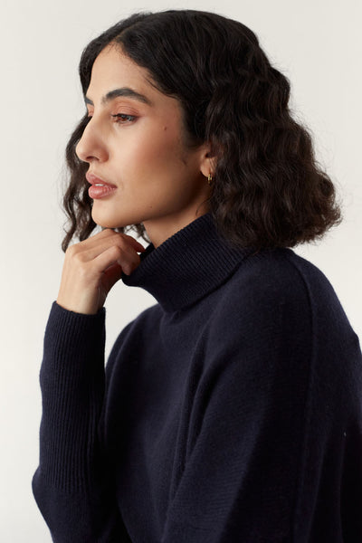Navy Pure Cashmere Rollneck Sweater
