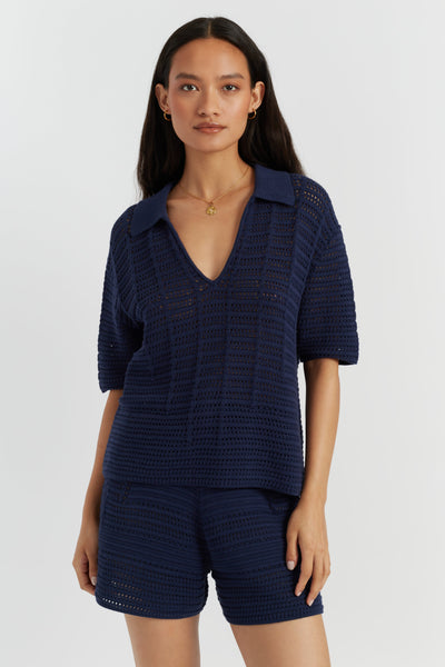 SAMPLE SALE - NO REFUNDS Navy Cotton Crochet Shirt