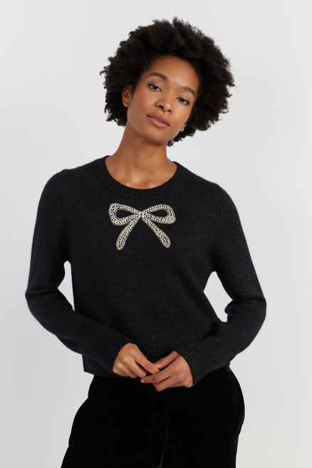 Black Wool-Cashmere Embellished Bow Sweater