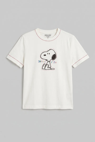 Cream Cotton Snoopy Embroidered T-Shirt