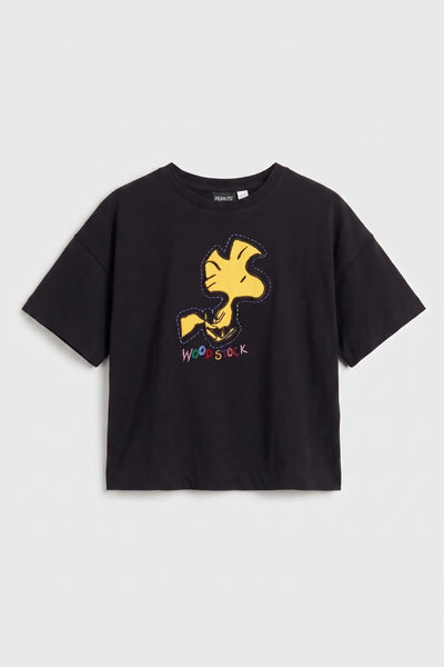 Black Cotton Woodstock Embroidered T-Shirt