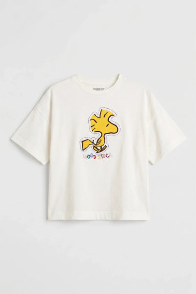 Cream Cotton Woodstock Embroidered T-Shirt