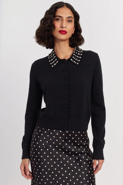 Black Wool-Cashmere Jewel-Neck Cardigan