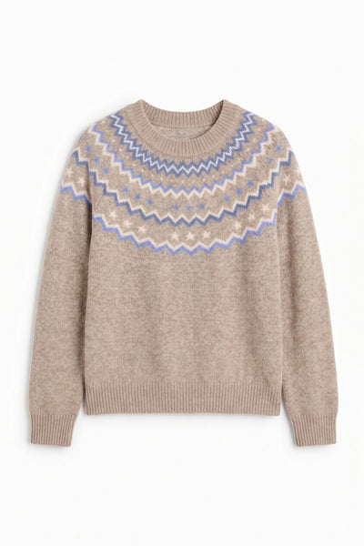 Warm-Oatmeal Wool-Cashmere Fair Isle Sweater