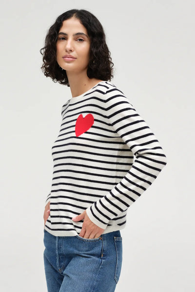 Cream-Navy Breton Heart Wool-Cashmere Sweater
