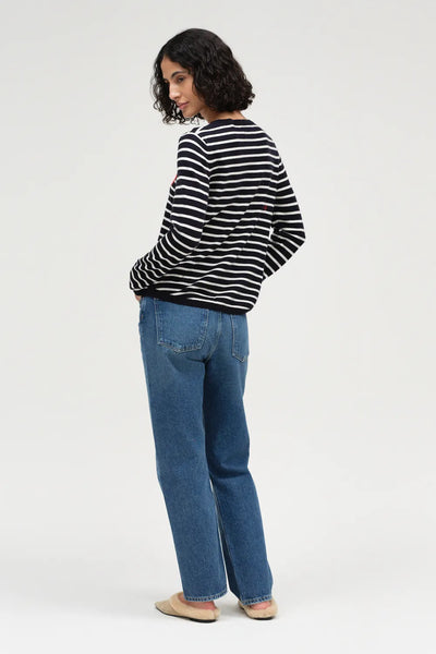 Navy-Cream Breton Heart Wool-Cashmere Sweater