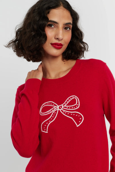 Red Wool-Cashmere Bow Embroidered Sweater