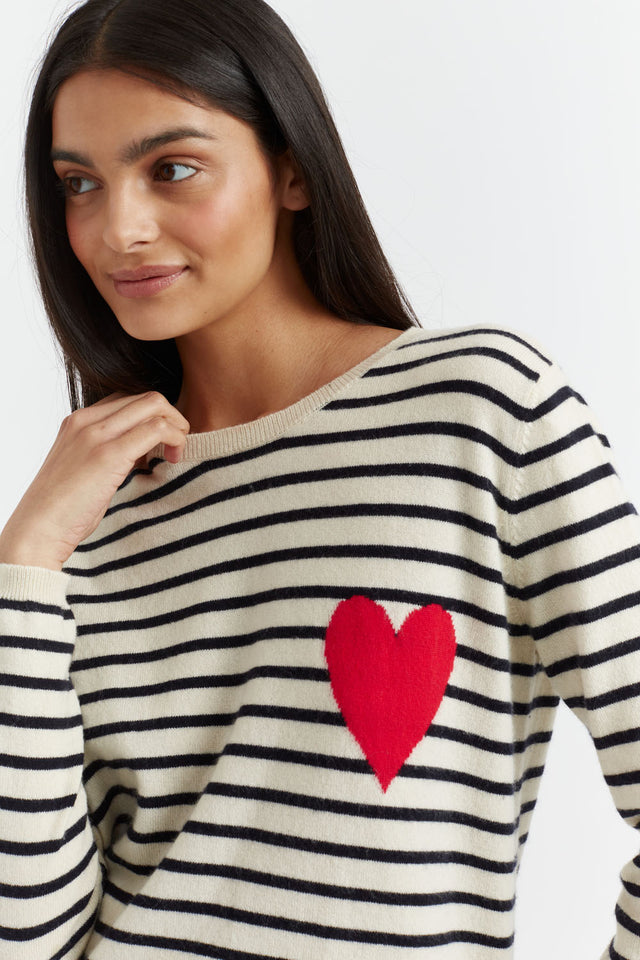 Cream-Navy Breton Heart Wool-Cashmere Sweater image 5