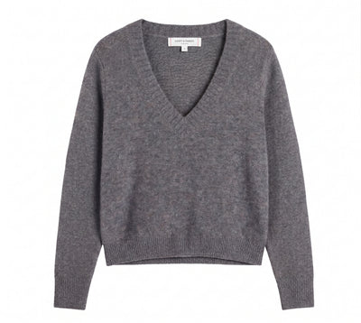 Grey Wool-Cashmere Low V-Neck Sweater