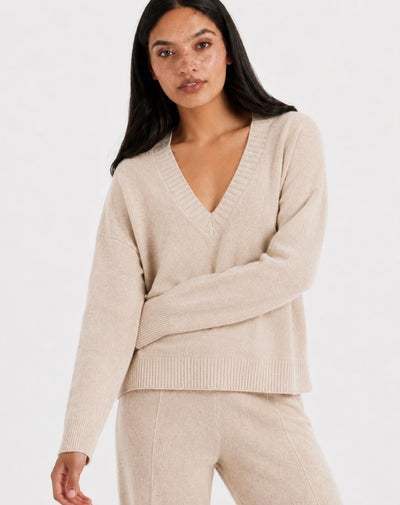 Warm-Oatmeal Wool-Cashmere Low V-Neck Sweater