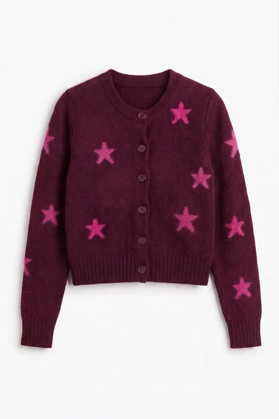 Aubergine Wool-Cashmere Star Round-neck Cardigan