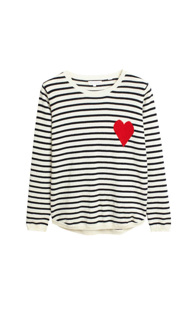 Cream-Navy Breton Heart Wool-Cashmere Sweater