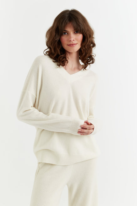 Cream Pure Cashmere V-Neck Sweater