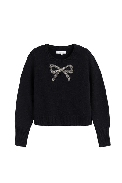 Black sweater with a bow design on a white background