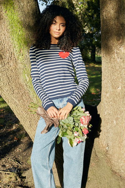 SAMPLE SALE - NO REFUNDS Navy-Cream Merino Heart Breton Sweater