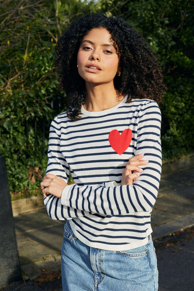 SAMPLE SALE - NO REFUNDS Cream-Navy Merino Heart Breton Sweater