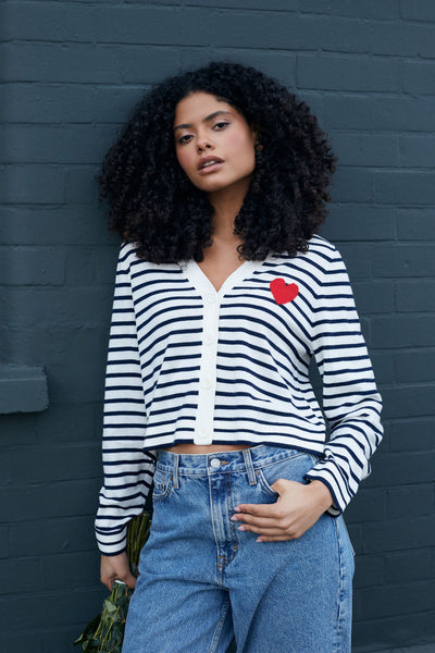 SAMPLE SALE - NO REFUNDS Cream-Navy Merino Heart Breton Cardigan