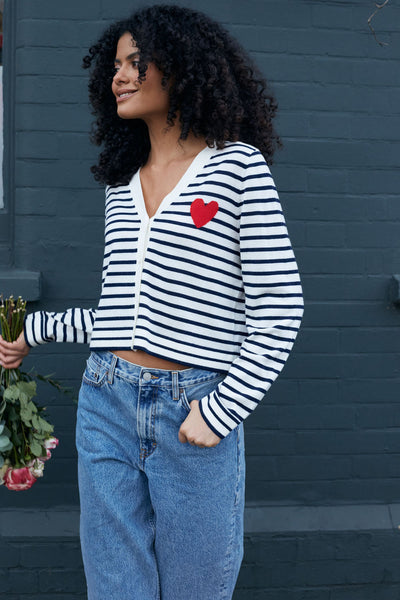 SAMPLE SALE - NO REFUNDS Cream-Navy Merino Heart Breton Cardigan
