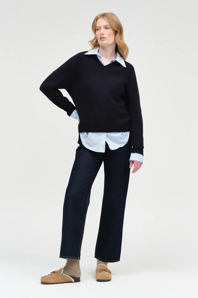 Navy Wool-Cashmere V-neck Sweater