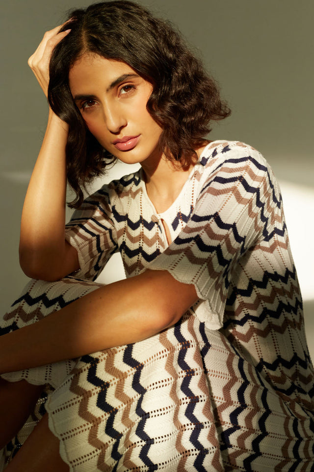 Navy Cotton Chevron Stitch Dress image 5