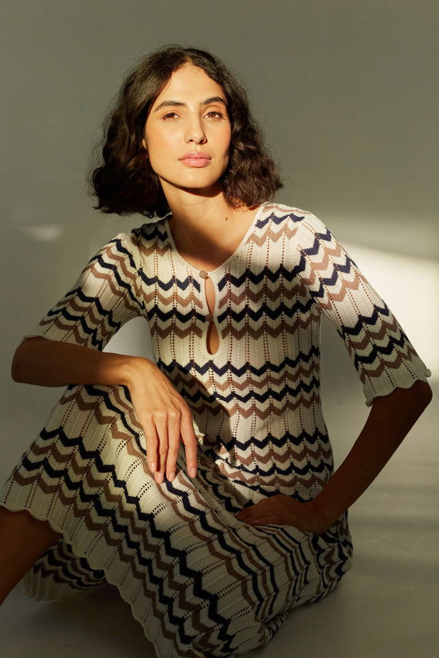 Navy Cotton Chevron Stitch Dress image 3