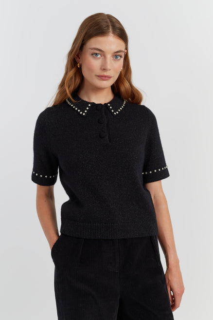 Black Wool-Cashmere Diamonte Polo Top