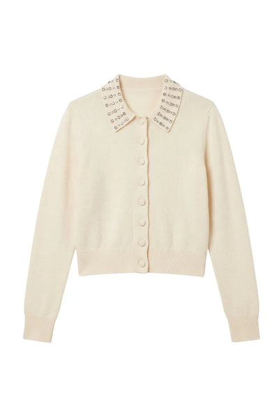 Cream Wool-Cashmere Jewel-Neck Cardigan