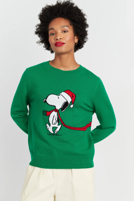 Person wearing a green sweater with a dog graphic, standing against a plain background