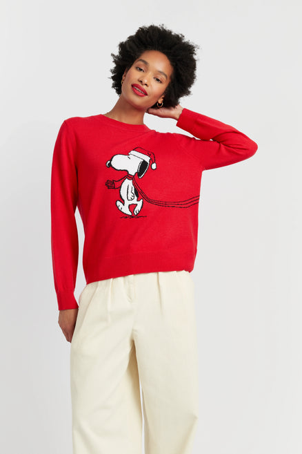 Person wearing a red sweater with a cartoon character design on a white background