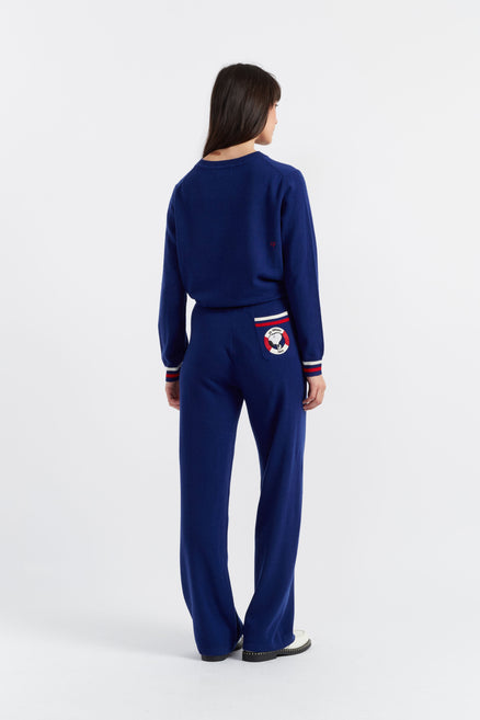 SAMPLE SALE - NO REFUNDS Blue Wool-Cashmere Snoopy Nautical Wide-Leg Track Pants
