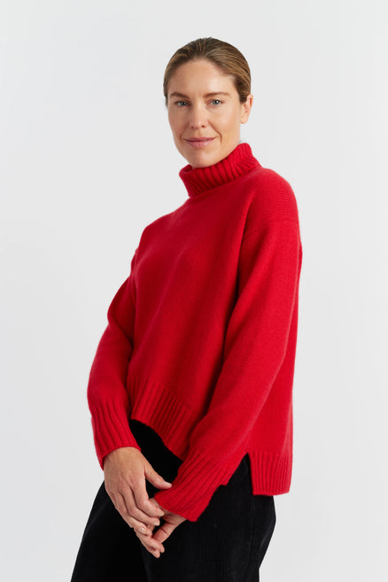 Velvet-Red Pure Cashmere Relaxed Rollneck Sweater