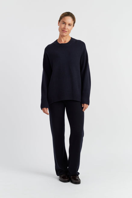 Navy Pure Cashmere Wide-Leg Pants