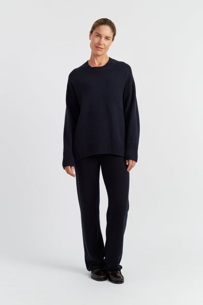 Navy Pure Cashmere Wide-Leg Pants