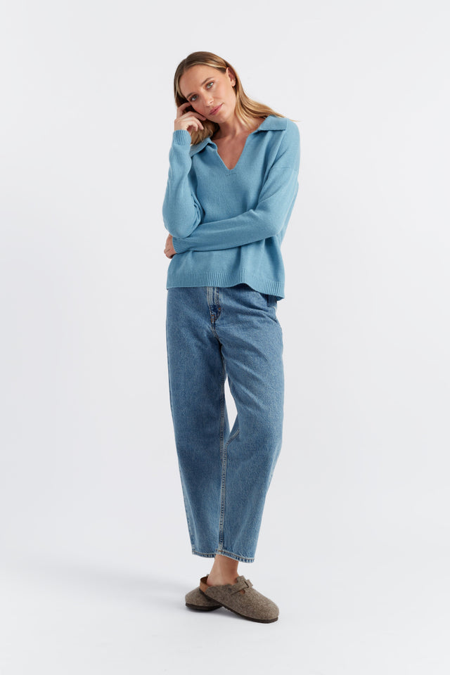 Sky-Blue Cloud Cashmere Collared Sweater image 4