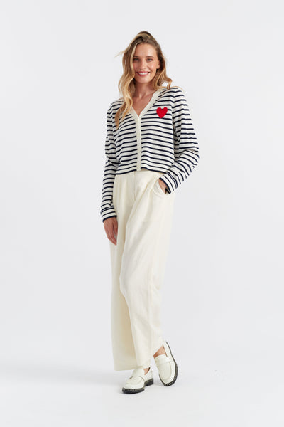 SAMPLE SALE - NO REFUNDS Cream-Navy Merino Heart Breton Cardigan