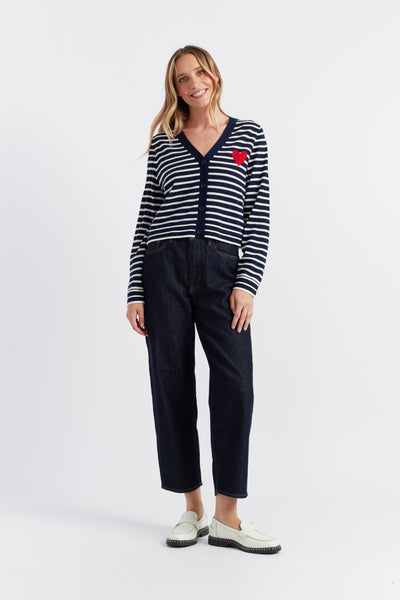 SAMPLE SALE - NO REFUNDS Navy-Cream Merino Heart Breton Cardigan