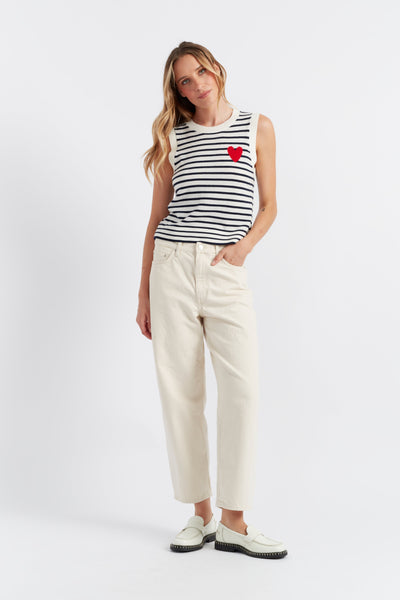 Cream-Navy Merino Heart Breton Tank